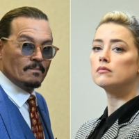 Actor Johnny Depp (left) and actress Amber Heard attend a defamation trial at the Fairfax County Circuit Courthouse in Virginia on May 24. Heard said she was disappointed \"beyond words\" on Wednesday after a jury found she had made defamatory claims of abuse against her ex-husband Depp. | AFP-JIJI