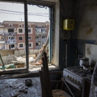 The kitchen of a heavily damaged apartment on Tuesday, after a Russian missile strike overnight on an apartment complex in Sloviansk, in eastern Ukraine.  | IVOR PRICKETT / THE NEW YORK TIMES