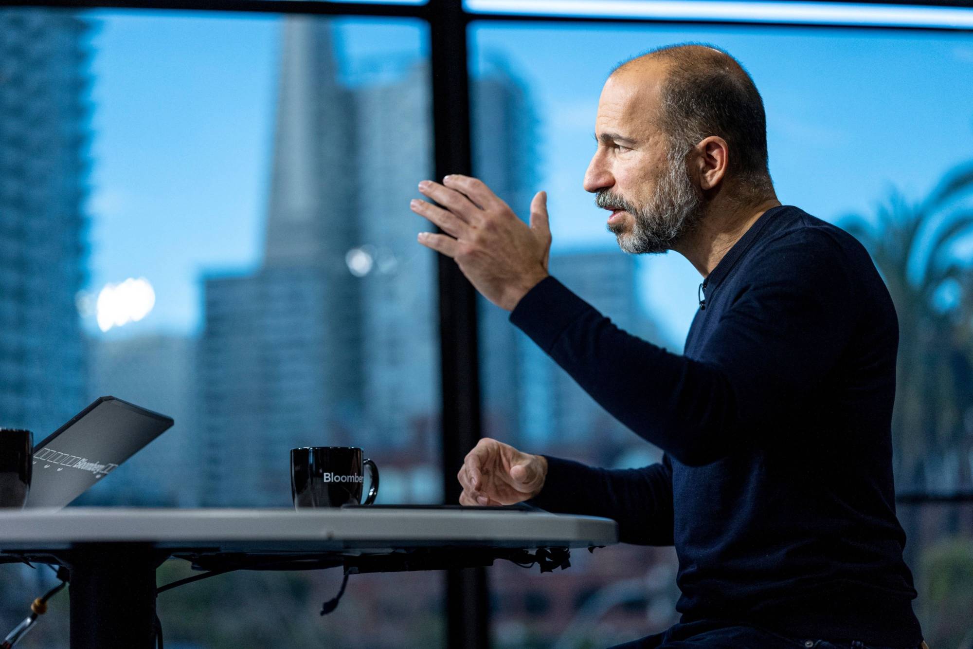 Dara Khosrowshahi, chief executive officer of Uber Technologies Inc., speaks during a Bloomberg Technology television interview in San Francisco in 2021. Khosrowshahi said the ride-hailing giant had its best week last week since the start of the pandemic. | BLOOMBERG