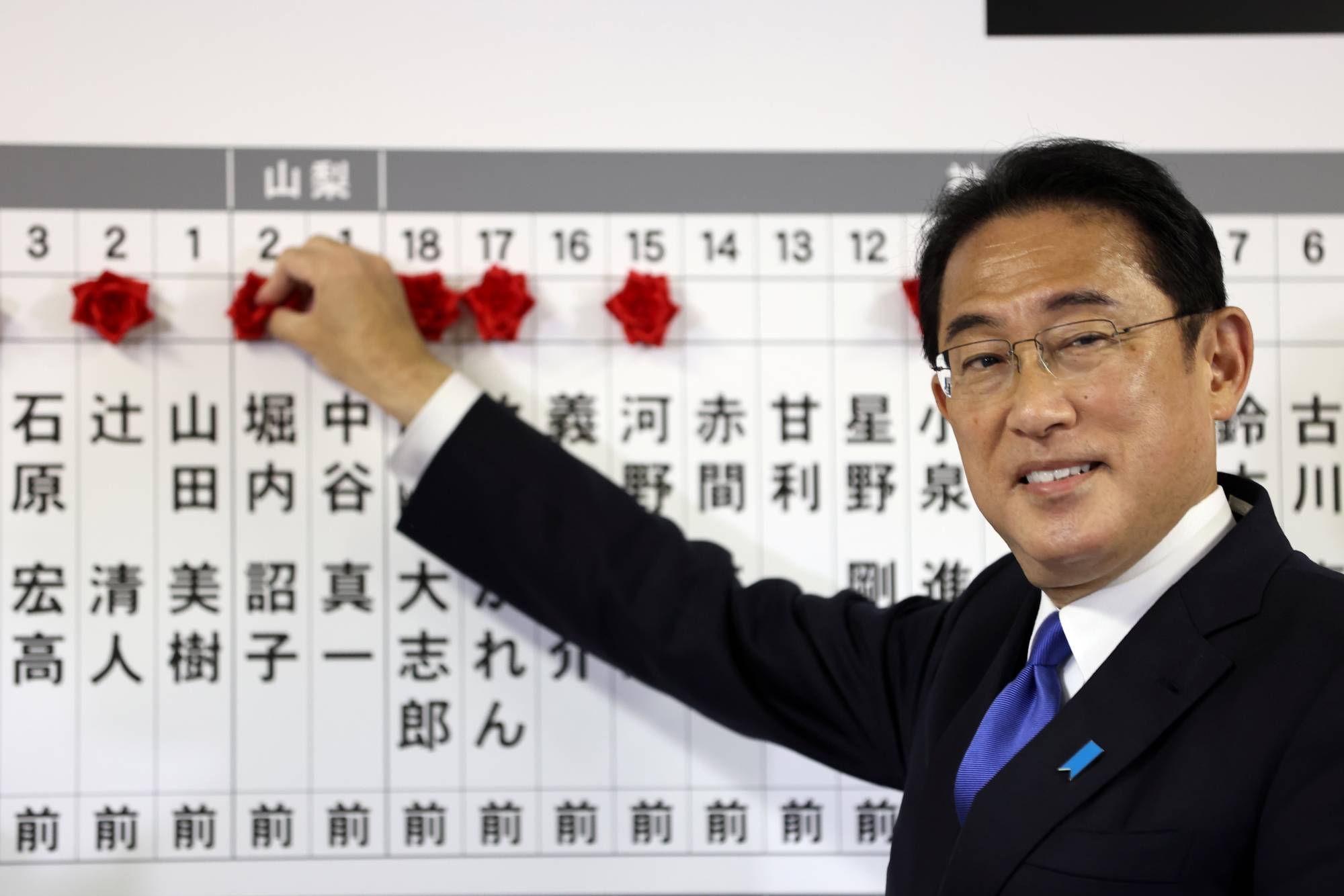 Prime Minister Fumio Kishida smiles as he puts rosettes on a board with names of successful general election candidates at Liberal Democratic Party headquarters in Tokyo last October.    | POOL / VIA REUTERS