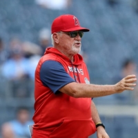 Los Angeles Angels manager Joe Maddon (left) takes the ball from starting pitcher Shohei Ohtani during a game against the New York Yankees at Yankee Stadium on June 2. The Angels fired Maddon on Tuesday following the teams 12th straight lose.  | USA TODAY / VIA REUTERS