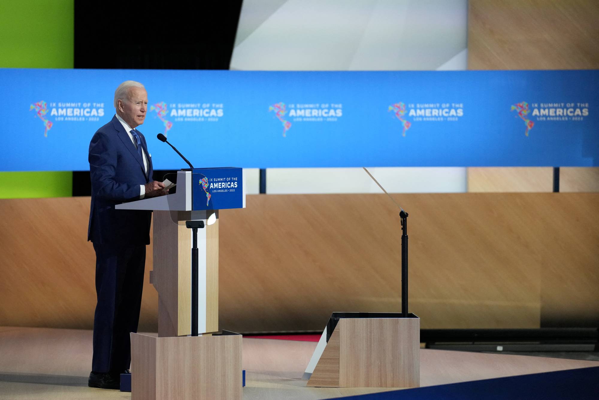 U.S. President Joe Biden speaks during the opening plenary session at the Ninth Summit of the Americas, in Los Angeles on Thursday | REUTERS
