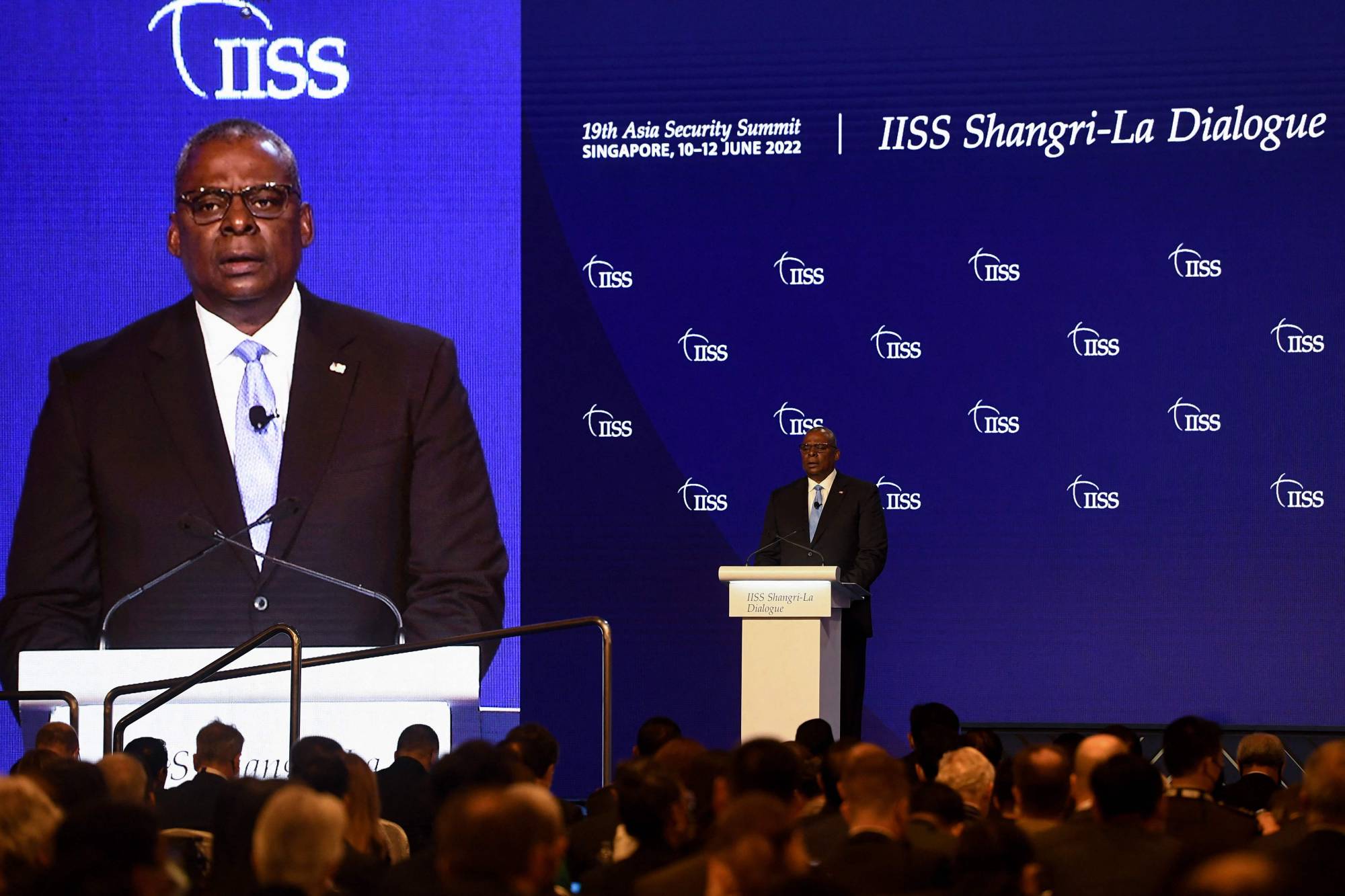 U.S. Defense Secretary Lloyd Austin speaks at the Shangri-La Dialogue summit in Singapore on Saturday. | AFP-JIJI
