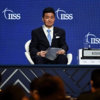 Defense Minister Nobuo Kishi attends the Shangri-La Dialogue summit in Singapore on Saturday. | AFP-JIJI