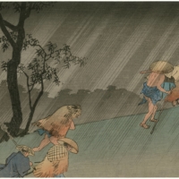 Hiroaki Takahashi, one of Shozaburo Watanabe’s first collaborators, used classic ukiyo-e devices in his woodblock print work, such as unbroken, slanted lines to depict pouring rain as seen in “Shono in Rain” (circa 1909-23). | COLLECTION SCHOLTEN
