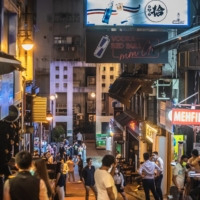 The Lan Kwai Fong nightlife area in Hong Kong on Thursday. The area was quieter than usual on the first day of a new COVID-19 rule that requires bar, pub and club patrons to show a negative test result to gain entry. | BLOOMBERG