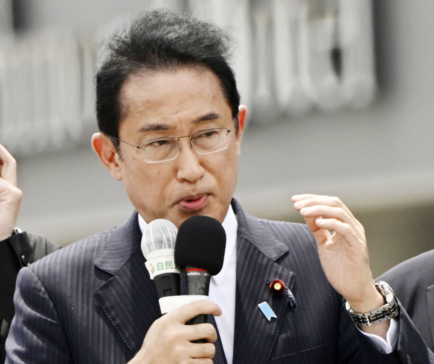 Prime Minister Fumio Kishida speaks to the public in the city of Yamagata on Saturday. | KYODO