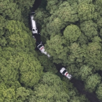 Police cars in a forest in Hitachiota, Ibaraki Prefecture, where a woman\'s body was found, on Saturday | KYODO