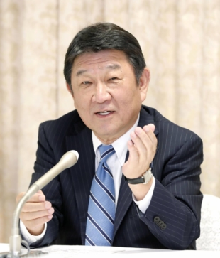 Toshimitsu Motegi, secretary-general of the Liberal Democratic Party, speaks in an interview with media outlets in Tokyo on Monday. | KYODO