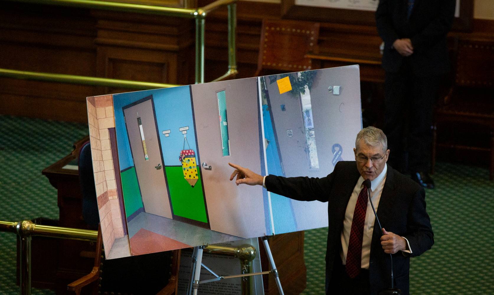 Texas Department of Public Safety Director Steve McCraw explains what happened regarding doors and keys during the school shooting at Robb Elementary School in Uvalde, during a hearing Tuesday. | Sara Diggins / USA TODAY NETWORK / via REUTERS 