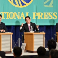 Prime minister Fumio Kishida (center) and other party leaders take part in a debate in Tokyo on Tuesday in preparation for the July 10 Upper House elections. | POOL / AFP-JIJI