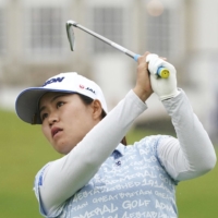 Nasa Hataoka hits her tee shot on the seventh hole during the Women\'s PGA Championship on Thursday. | KYODO