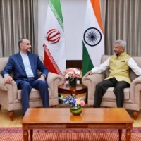 Indian Foreign Minister Subrahmanyam Jaishankar and his Iranian counterpart, Hossein Amirabdollahian, meet in New Delhi on June 8. | @DRSJAISHANKAR / TWITTER / VIA REUTERS 