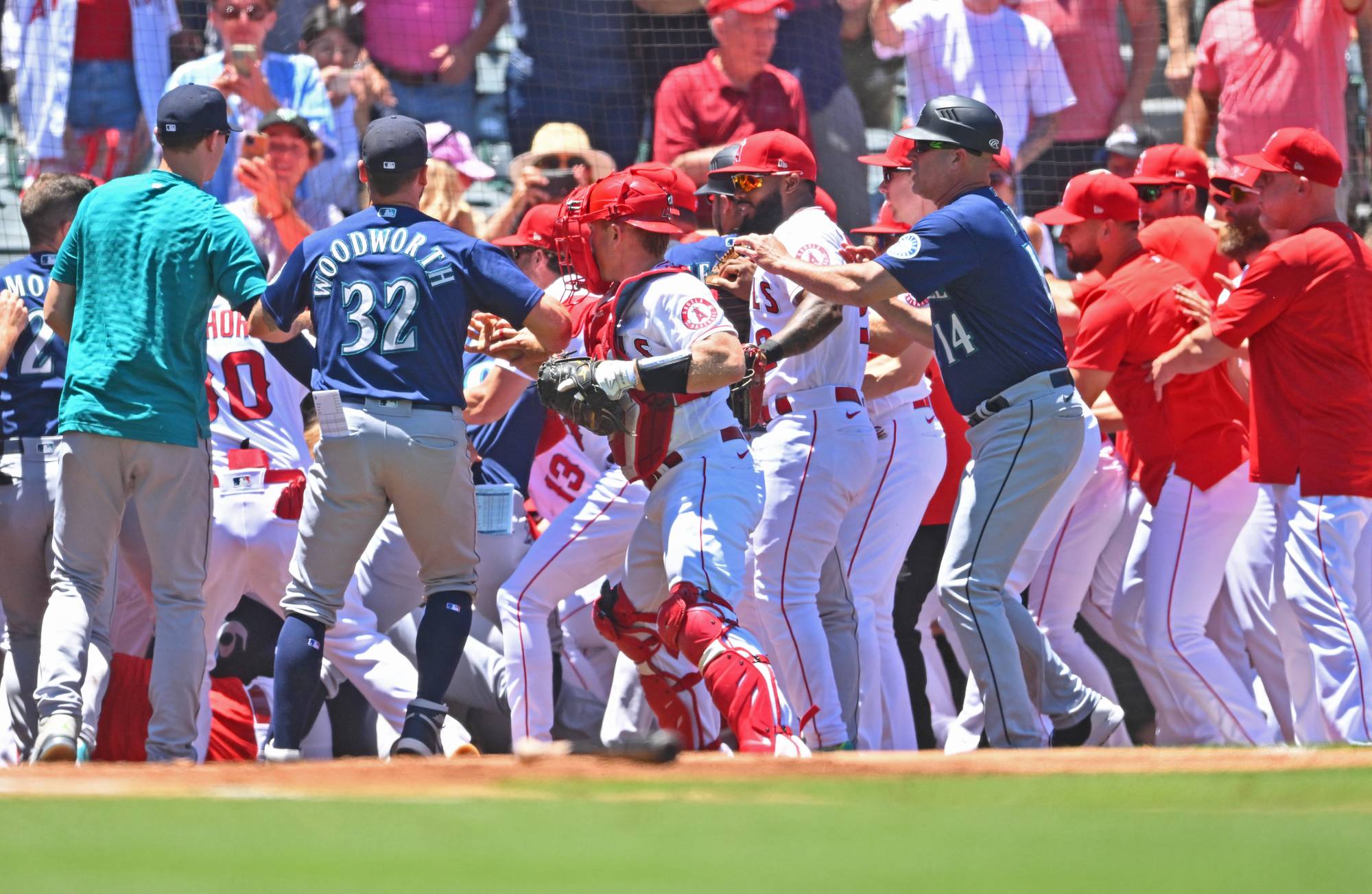 Angels and Mariners players brawl during the second inning in Anaheim, California, on Sunday. | USA TODAY / VIA REUTERS