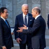 Japanese Prime Minister Fumio Kishida meets with U.S. President Joe Biden and other Group of Seven leaders at NATO Headquarters in Brussels in March. | POOL / VIA REUTERS