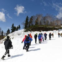 Prospective students of Harrow International School Appi Japan hike up a mountain near the school\'s campus in Hachimantai, Iwate Prefecture, on May 2. | BLOOMBERG
