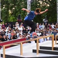 Yuto Horigome performs during the men\'s World Street Skateboarding Rome 2022 event in Rome on Saturday. | AFP-JIJI