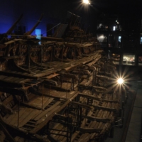 The wreckage of the Mary Rose, a warship of the English Navy that sank in battle in 1545, sits on display at the Mary Rose museum at Portsmouth, England. The vessel was rediscovered in 1971 and finally raised in 1982 in one of the most expensive and complicated maritime salvage projects in history. | COURTESY OF JUN KIMURA
