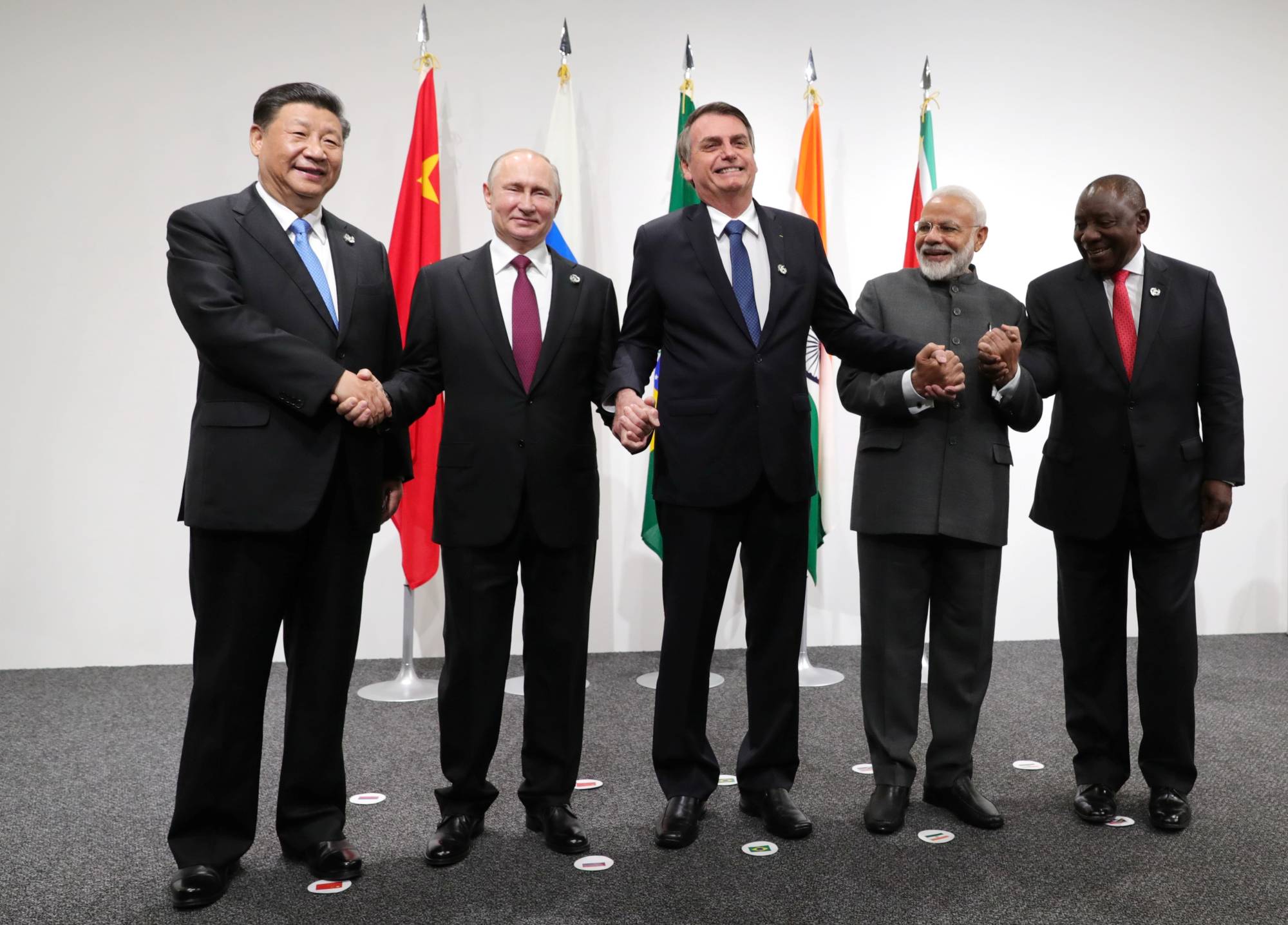 The leaders of the BRICS nations meet at the group’s summit in Osaka in June 2019. Concerns are India might pull out of the group over tensions with China. | SPUTNIK / KREMLIN / VIA REUTERS