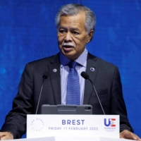 Pacific Islands Forum Secretary-General Henry Puna speaks during an event in Brest, France, in February. | POOL / VIA REUTERS