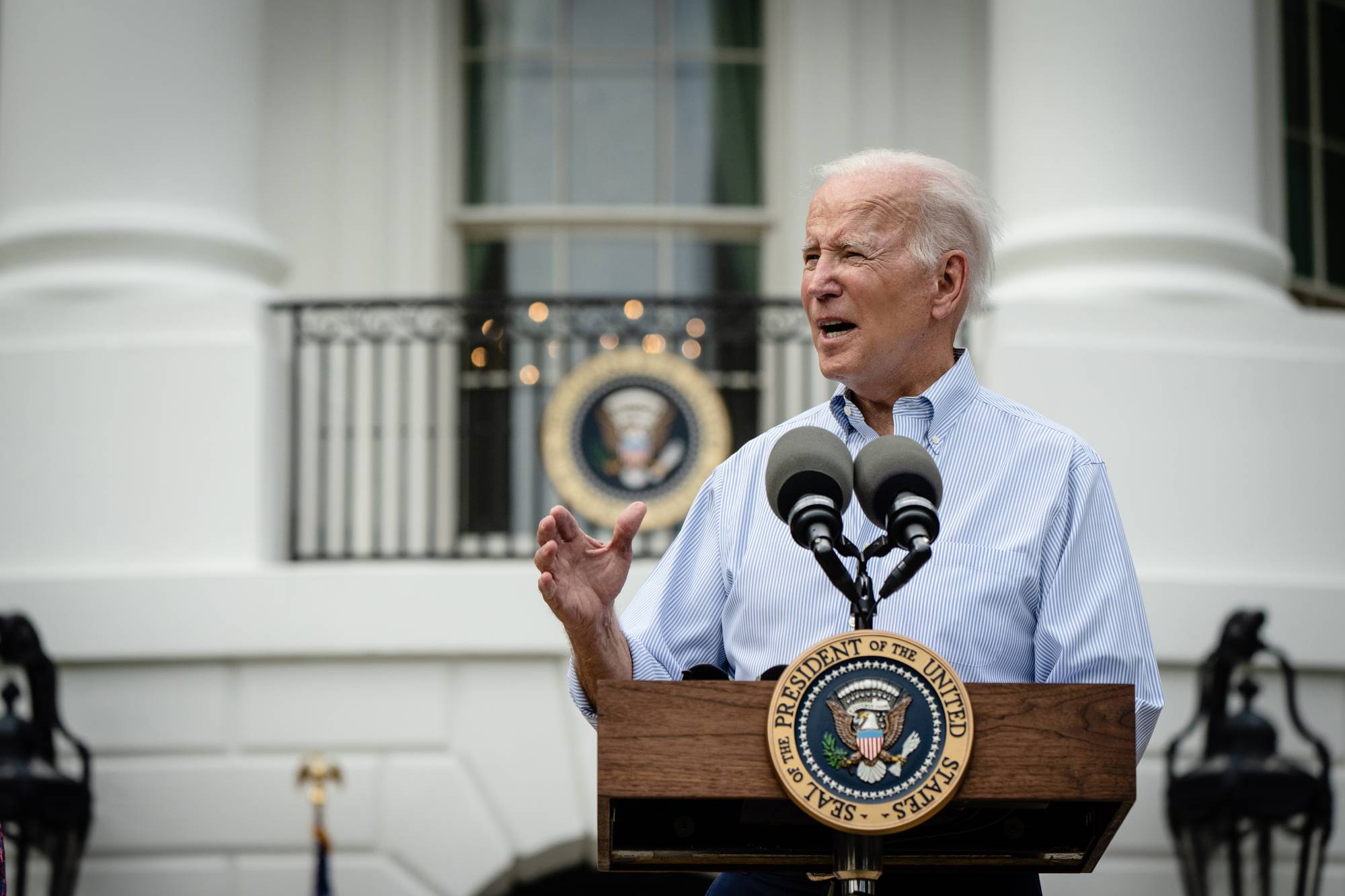 U.S. President Joe Biden speaks at the Congressional Picnic on the South Lawn of the White House in Washington on Tuesday. | ERIN SCHAFF / THE NEW YORK TIMES