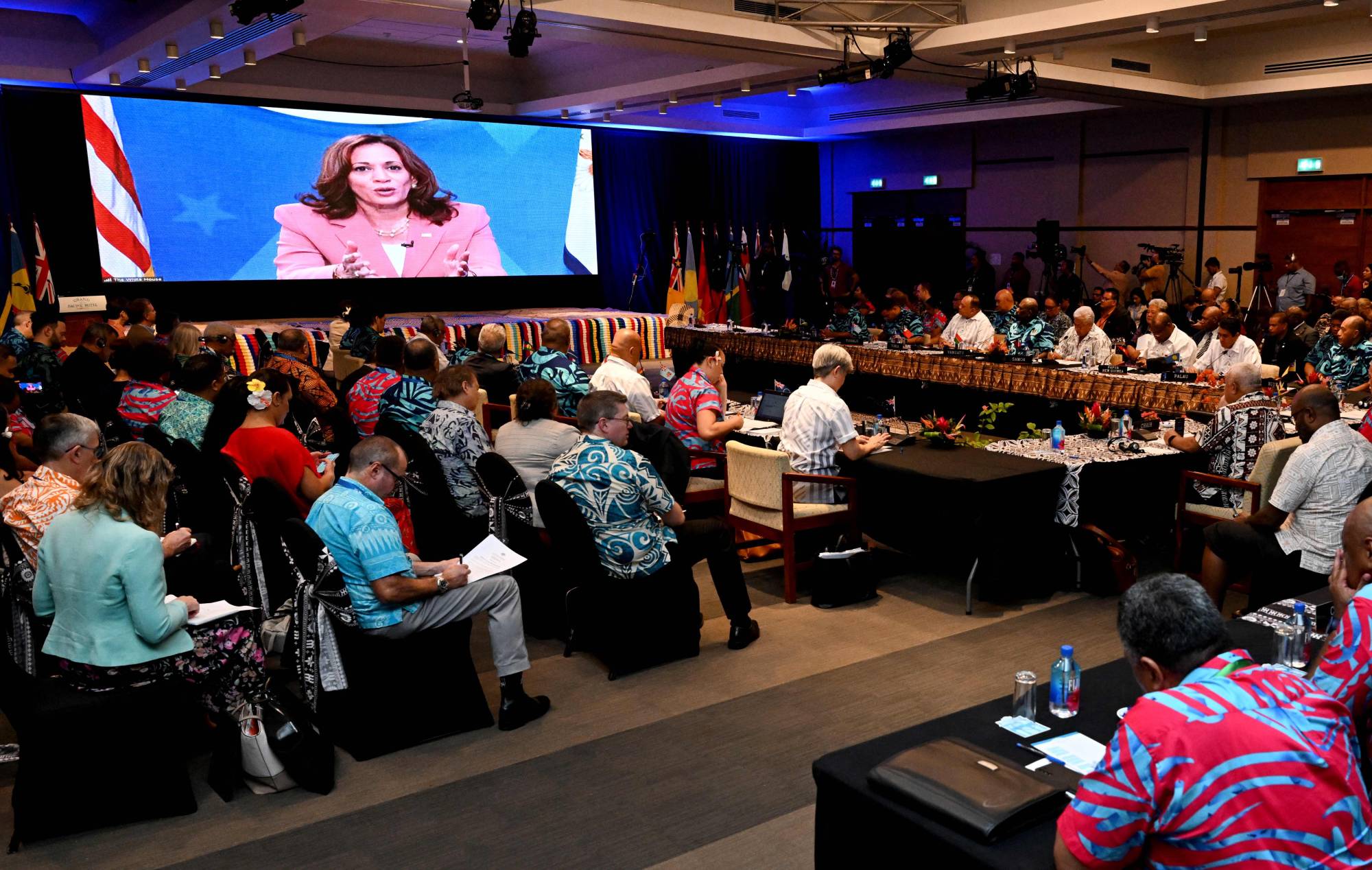 U.S. Vice President Kamala Harris speaks via a video feed at the Pacific Islands Forum (PIF) in Suva, Fiji, on Wednesday. | AFP-JIJI