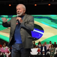 Brazilian candidate for the leftist Workers Party presidential nomination and former President Luiz Inacio Lula da Silva, delivers a speech during a political rally in Brasilia, on Tuesday. | AFP-JIJI
