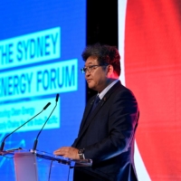 Economy minister Koichi Hagiuda speaks during the Sydney Energy Forum on Wednesday. | AFP-JIJI