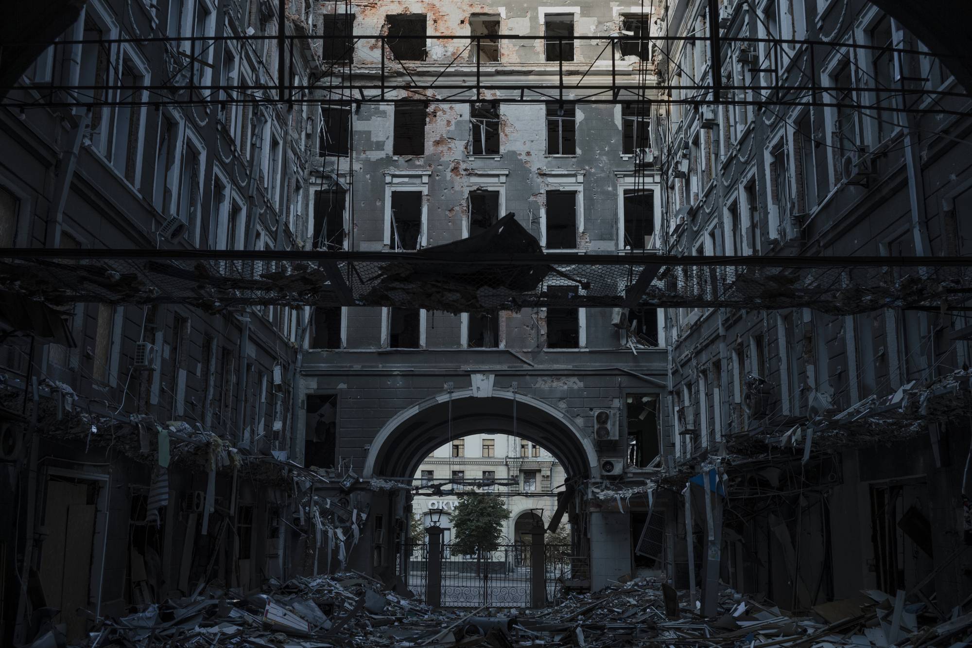 A destroyed building in Kharkiv on Friday. So far Russia has not been able to dislodge Ukrainian defenders around Kharkiv, the country’s second-largest city.  | EMILE DUCKE / THE NEW YORK TIMES