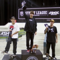 Men\'s winner Yuto Horigome (center) stands on the podium with runner-up Sora Shirai (left) and third-place finisher Gustavo Ribeiro after a Street League Skateboarding Championship Tour event in Jacksonville, Florida, on Sunday. | KYODO