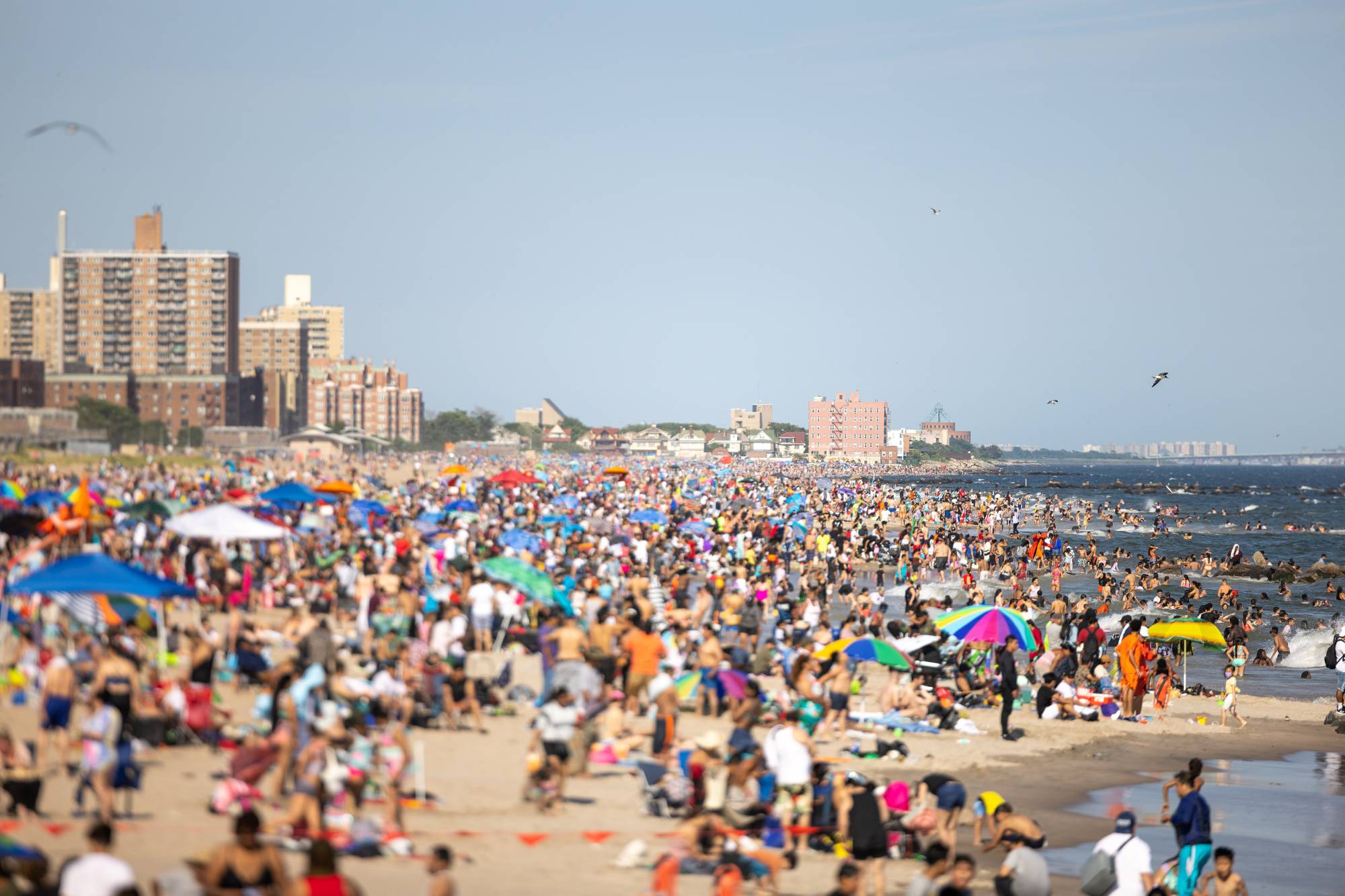 A crowd gathers at Brighton Beach in New York.  | Yuvraj Khanna / The New York Times