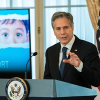 U.S. Secretary of State Antony Blinken speaks during the 2022 Trafficking in Persons Report launch ceremony at the State Department in Washington on Tuesday.  | POOL / VIA REUTERS