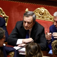 Italian Prime Minister Mario Draghi looks, on ahead of a confidence vote for the government, after tendering his resignation last week in the wake of a mutiny by a coalition partner, in Rome on Wednesday. | REUTERS