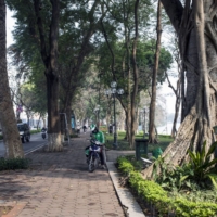 A Grab bike driver uses a smartphone near Hoan Kiem Lake in Hanoi in March 2019. | BLOOMBERG