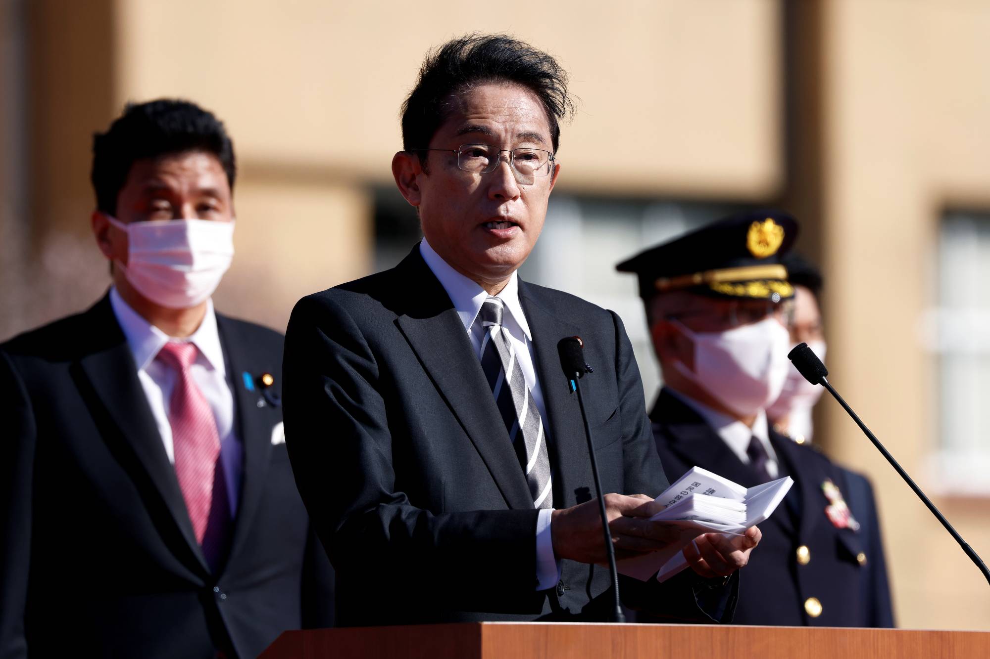 Prime Minister Fumio Kishida speaks during a visit to the Ground Self-Defense Force's Camp Asaka in Tokyo last November. | Pool / via REUTERS