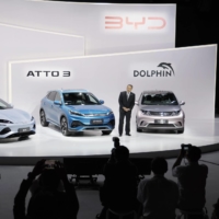 The Japanese unit of Chinese electric vehicle maker BYD holds a press event in Tokyo on Thursday to announce its entry into the Japanese vehicle market. | KYODO