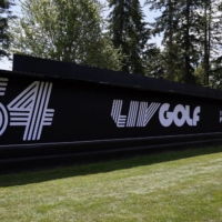The LIV Golf logo is seen during the second round of the LIV Golf tournament at Pumpkin Ridge Golf Club in Portland, Oregon, on July 1. | USA TODAY / VIA REUTERS