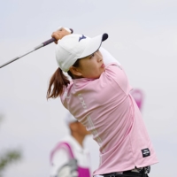 Mao Saigo hits her tee shot on the 16th hole during the third round of the Evian Championship in Evian-les-bains, France, on Saturday. | KYODO