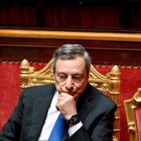 Italy\'s Prime Minister Mario Draghi looks on during the debate on government crisis following his resignation the week before, at the Senate in Rome on Wednesday. | AFP-JIJI