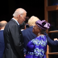 Ngozi Okonjo-Iweala, the director-general of the World Trade Organization, meets with U.S. President Joe Biden at the Group of Seven leaders summit in Elmau, Germany, on June 27. | BLOOMBERG