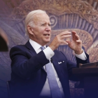 U.S. President Joe Biden speaks in the Eisenhower Executive Office Building in Washington on Thursday. | BLOOMBERG 