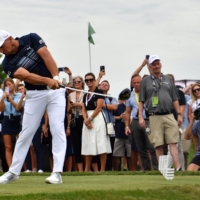 Bryson DeChambeau plays his shot from the first tee during the first round of a LIV Golf event in Bedminster, New Jersey, on Friday. | USA TODAY / VIA REUTERS