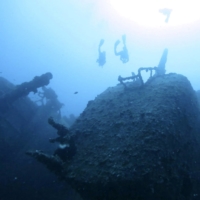 Divers swim by the Emmons shipwreck in Okinawa Prefecture in September 2013. | KYODO