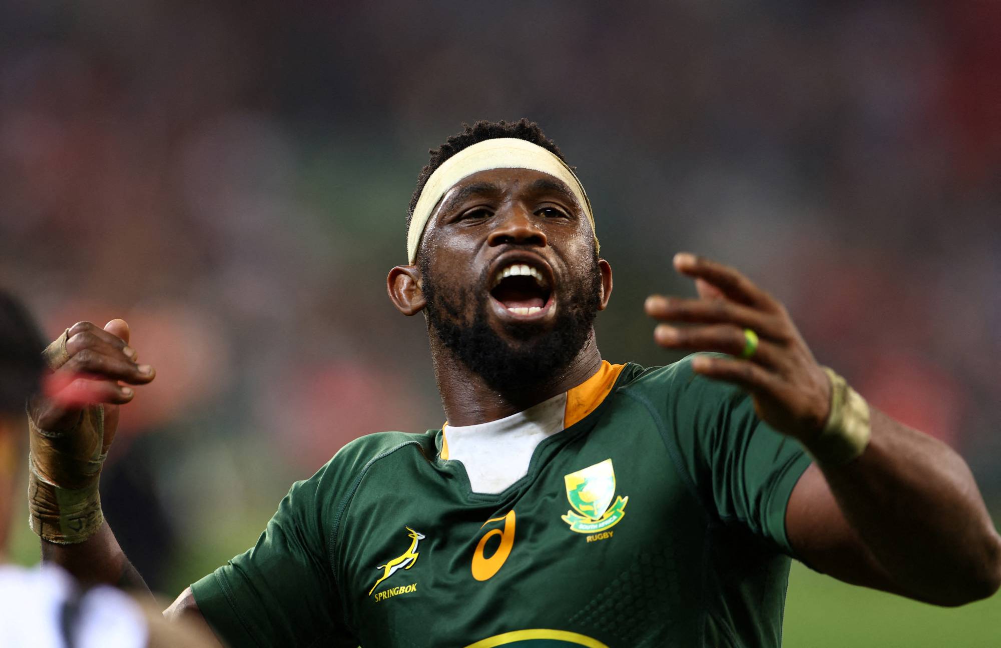 South Africa's Siya Kolisi celebrates after the Springboks' test series win over Wales in Cape Town, South Africa, on July 16. | REUTERS
