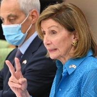 U.S. House Speaker Nancy Pelosi speaks during talks with House of Representatives Hiroyuki Hosoda (not pictured) in Tokyo on Friday.  | AFP-JIJI