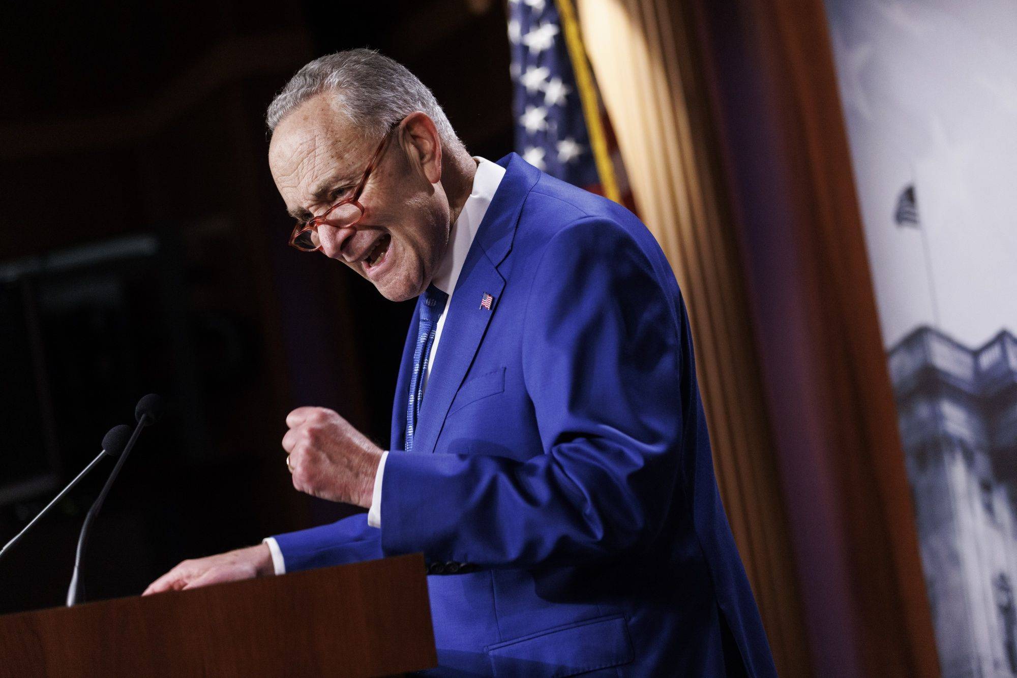 Senate Majority Leader Chuck Schumer, a Democrat from New York, speaks during a news conference on Capitol Hill in Washington, on Sunday.  | BLOOMBERG