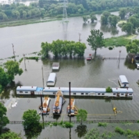 Submerged buildings after heavy rain caused flooding in Panjin, China\'s northeastern Liaoning province, on Aug. 4 | AFP-JIJI