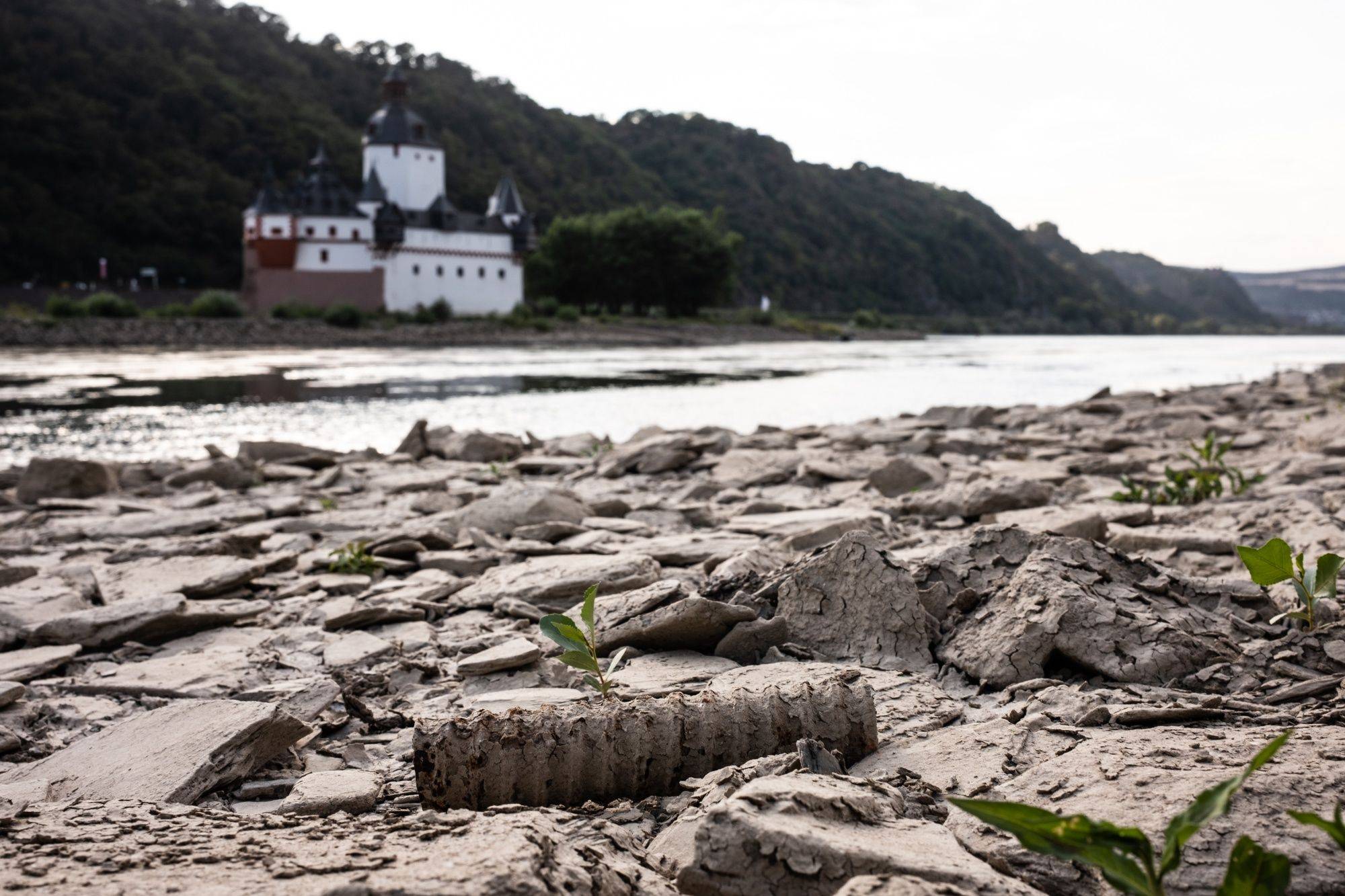 Exposed river bed of the River Rhine near Pfalzgrafenstein castle in Kaub, Germany, on Aug. 4. An extended dry spell at the Rhine — a key hard-coal import route — risks choking Germany's energy supply further. | Bloomberg