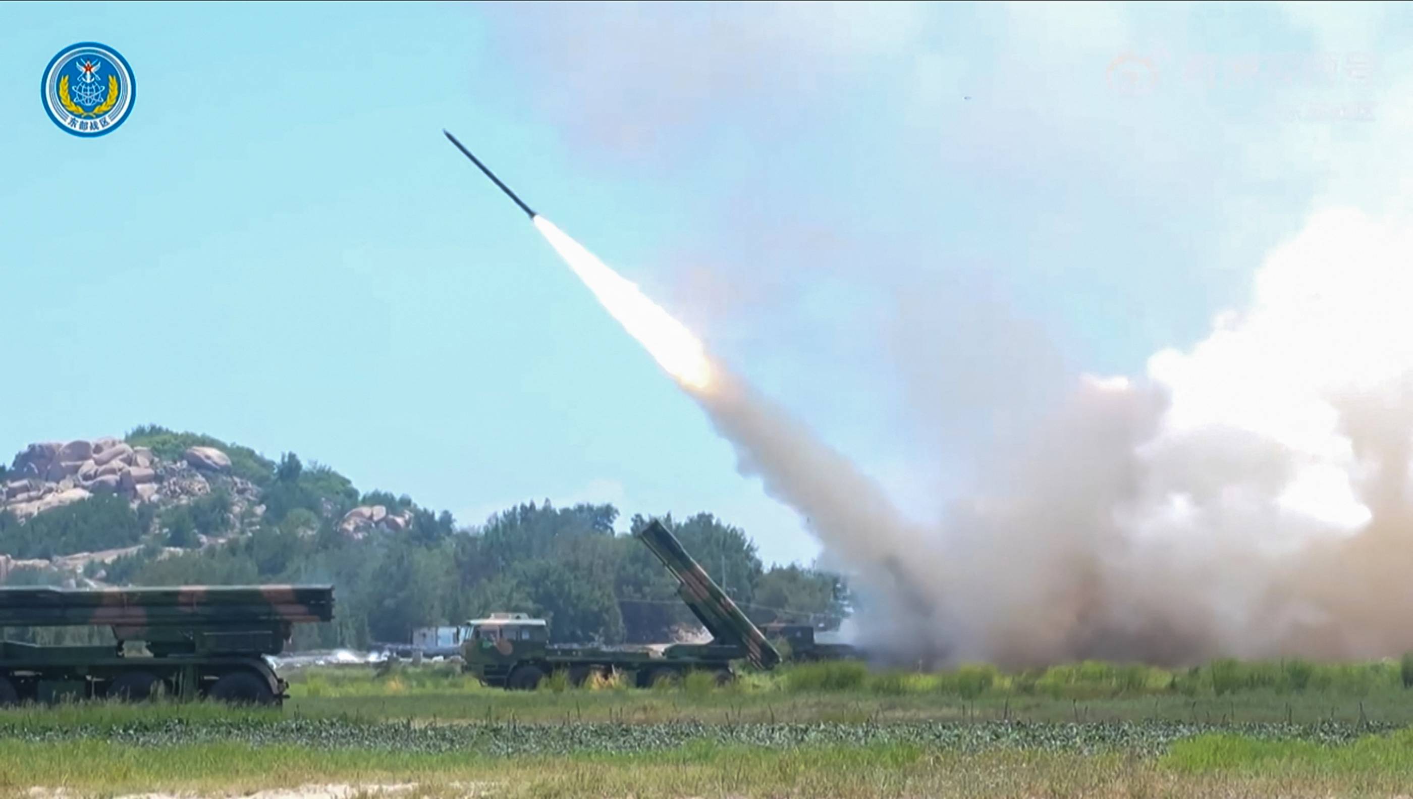 A screenshot from a video by the People's Liberation Army Eastern Theater Command shows a missile being fired during a Chinese military exercise on Aug. 4. | PLA EASTERN THEATER COMMAND/ ESN / VIA AFP-JIJI