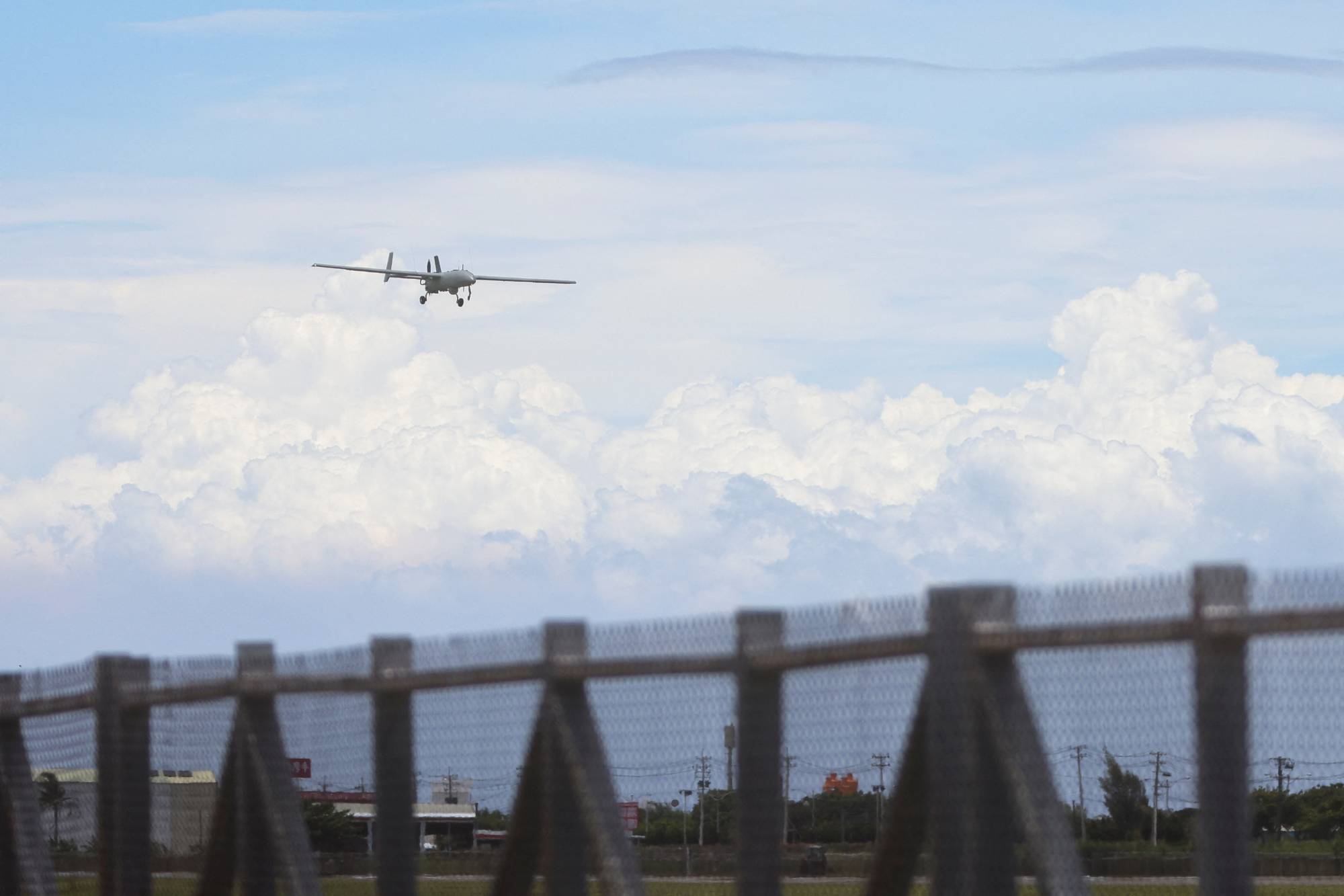 An Albatross unmanned aerial vehicle (UAV), prepares for landing during a military exercise at the Hengchun airport in Pingtung county, southern Taiwan, on Aug. 9. | REUTERS